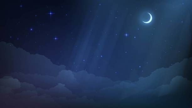 Night sky with a crescent moon and twinkling stars above a layer of dark clouds.